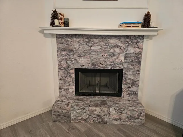 a close view of a fireplace in a room