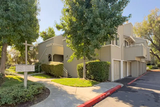 a view of a white house with a small yard and large tree