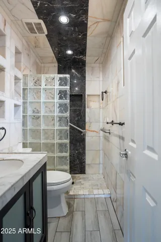 a bathroom with a sink a toilet and shower