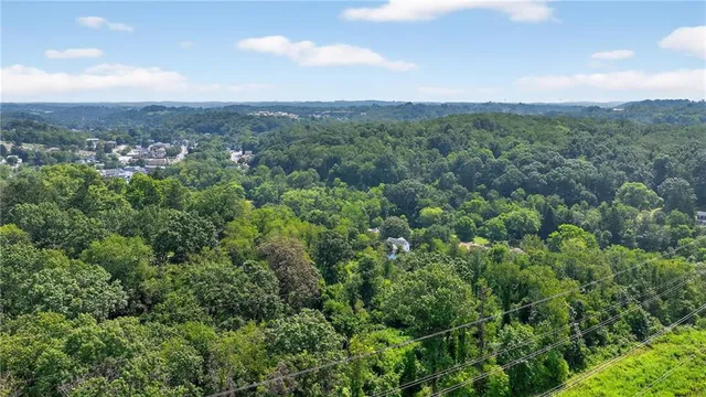 an aerial view of residential houses with outdoor space and trees