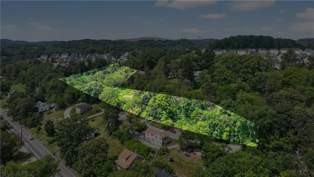 an aerial view of green landscape with trees houses and mountain view