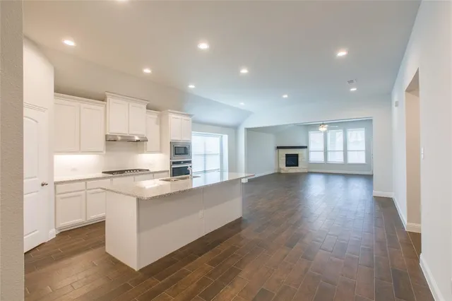a kitchen with stainless steel appliances granite countertop a stove a sink and a refrigerator