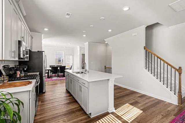 a view of a dining room with furniture