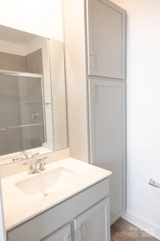 a bathroom with a sink and a mirror