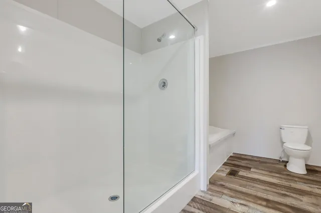 a bathroom with a shower and toilet
