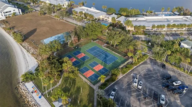 a view of a lake in middle of the town