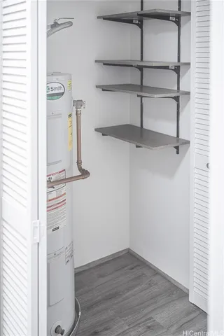 a view of a room with racks on the wall