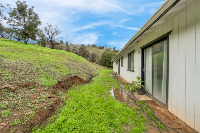 a view of a backyard with pathway