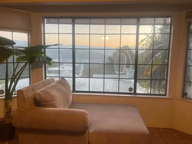 a backyard of a house with a yard and large tree