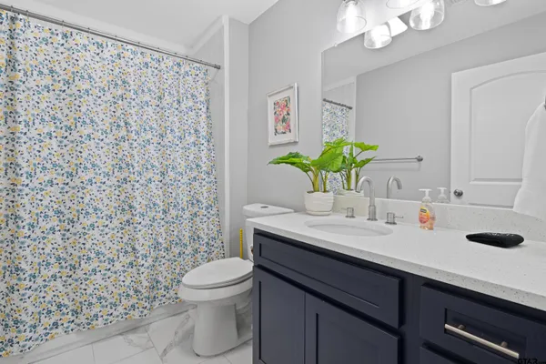 a bathroom with a granite countertop sink a toilet and a mirror