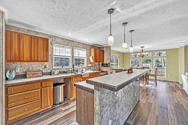 a kitchen with stainless steel appliances granite countertop wooden cabinets a sink and a large window