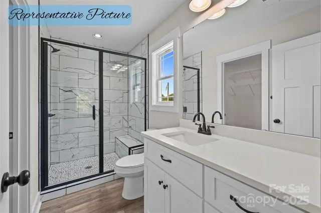a bathroom with a shower sink vanity mirror and toilet