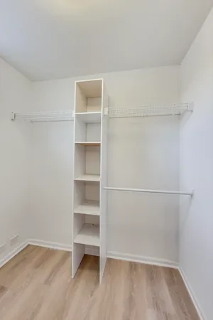a view of an empty walk in closet with empty racks