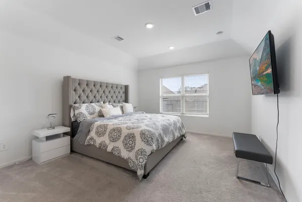 a bedroom with a bed and a couch