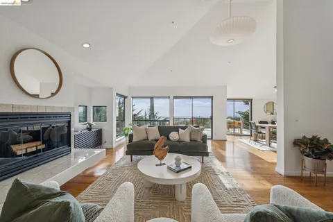 a living room with furniture a fireplace and a potted plant