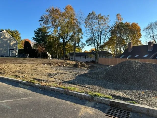 a view of a yard with yellow lighting