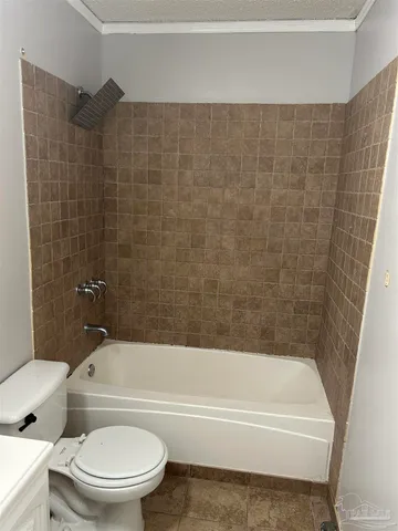 a bathroom with a toilet and a bath tub