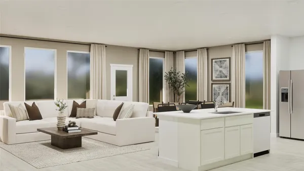 a living room with furniture and large windows