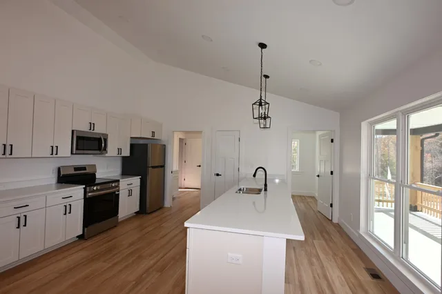 a kitchen with a sink a stove and refrigerator