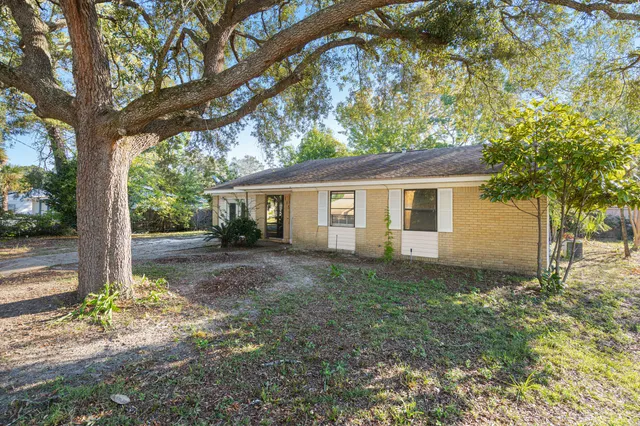 a view of a yard in front of a house with large tree