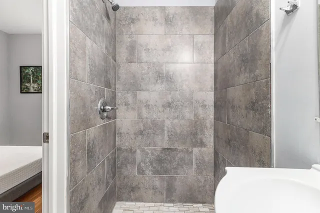 a bathroom with a bathtub