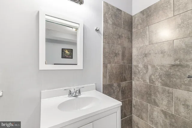 a bathroom with a sink a mirror and shower