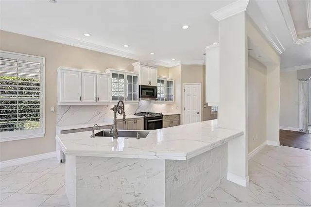 a kitchen with counter top space cabinets and stainless steel appliances