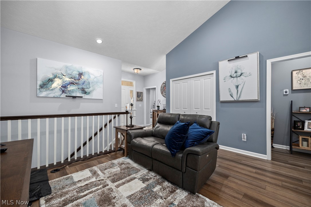 109 West Spring Drive Elyria, OH 44035 - Photo 11 of 46 Vaulted ceiling living room featuring a stone-faced fireplace with a wood mantel, wood-finish flooring, and multiple windows