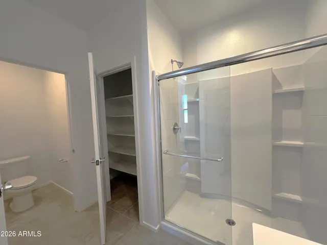a bathroom with a shower and a toilet