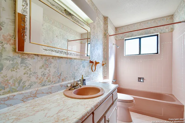 a bathroom with a sink a toilet and a mirror