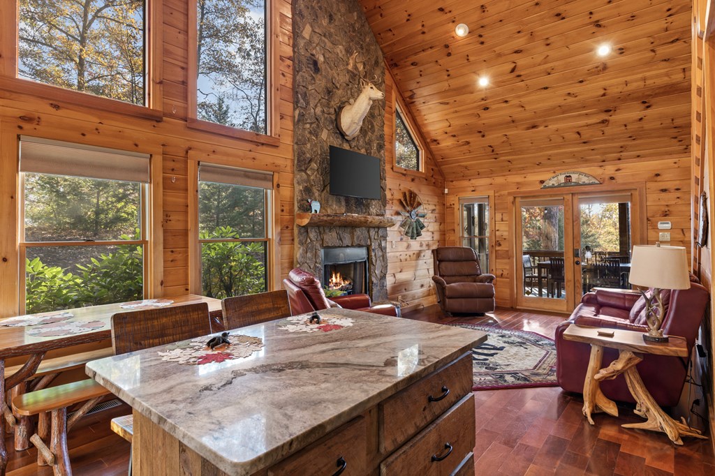653 The Woods Road Mineral Bluff, GA 30559 - Photo 16 of 56 a living room with fireplace furniture and a floor to ceiling window