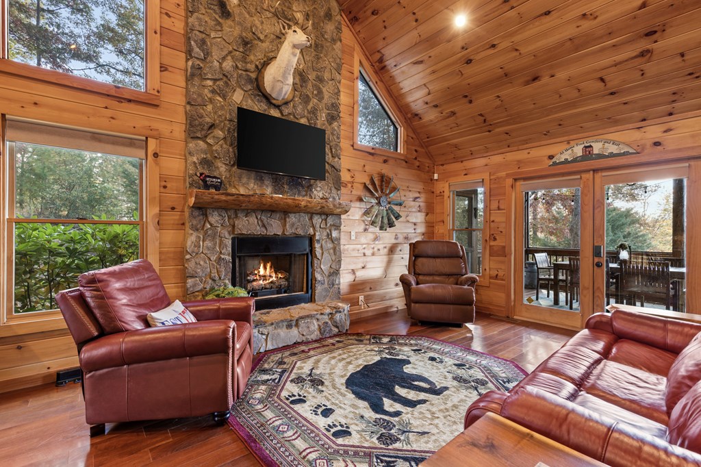 653 The Woods Road Mineral Bluff, GA 30559 - Photo 17 of 56 a living room with furniture a flat screen tv and a fireplace