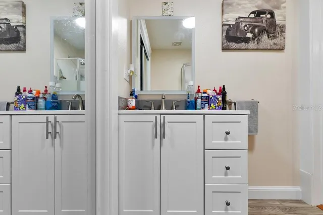 a bathroom with a sink and a mirror