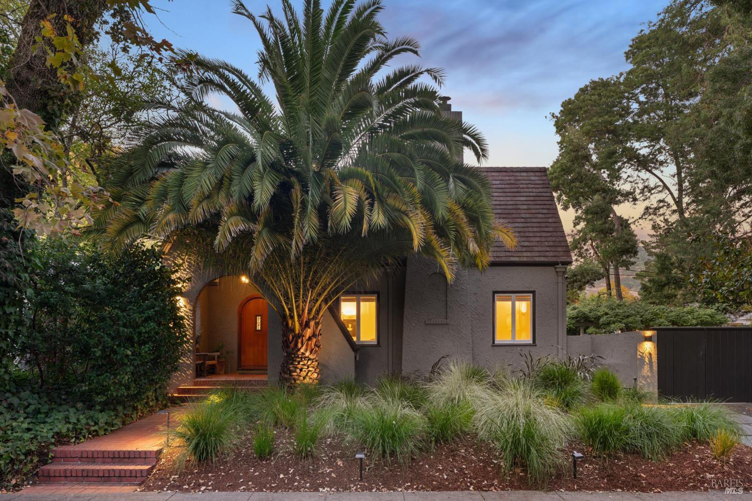 a view of a windows in front of a house with plants and trees