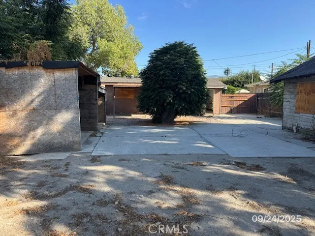 a view of a yard with plants and trees