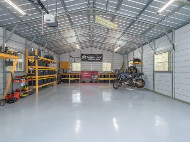a view of a garage with storage