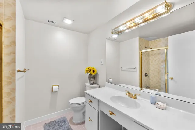 a bathroom with a sink toilet vanity and shower