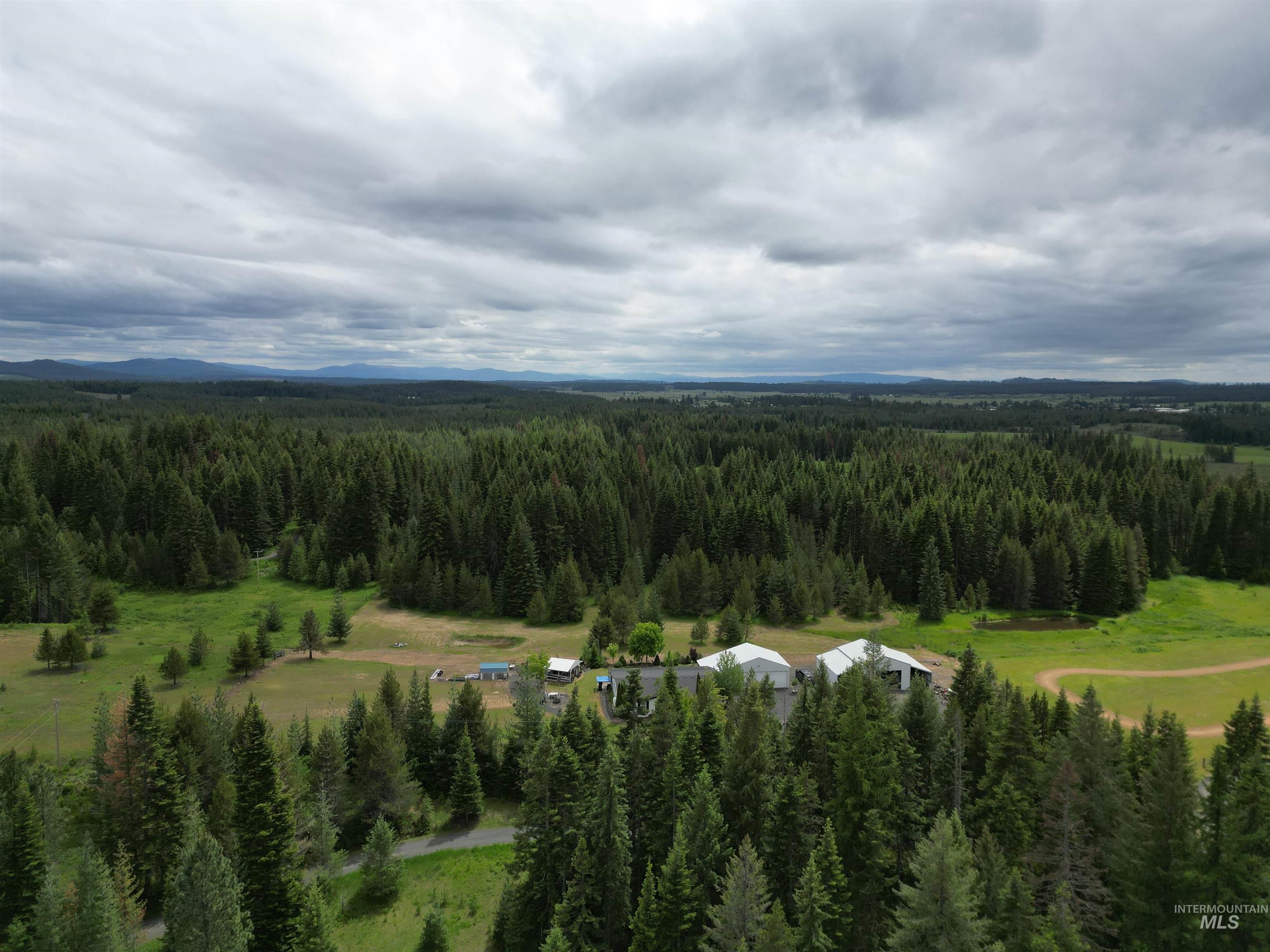 254 Lackey Road Weippe, ID 83553 - Photo 34 of 38 Expansive wooded property featuring a cleared area with multiple structures, including two large white tent-like buildings