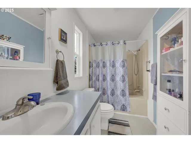 a bathroom with a sink a toilet and a shower curtain