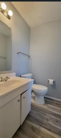 a bathroom with a granite countertop toilet and a sink