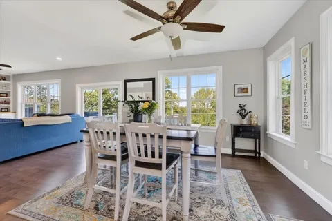 a view of a dining room with furniture window and wooden floor
