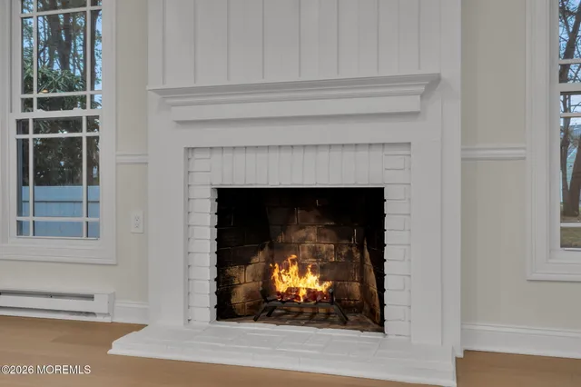 a living room with a fireplace