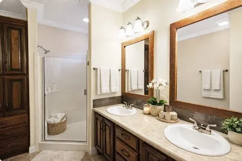 a bathroom with a double vanity sink and a mirror