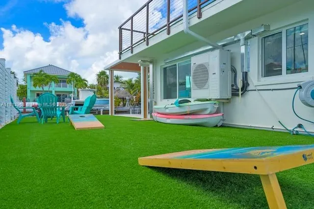 a garden view with a seating space