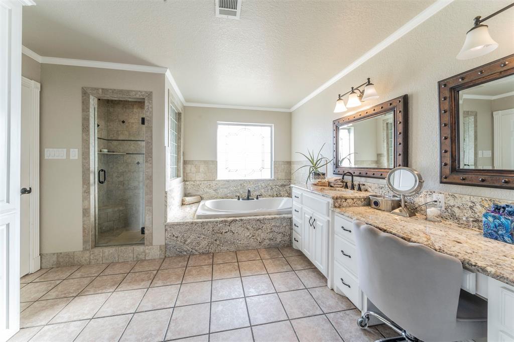20175 Willow Glade Circle Pilot Point, TX 76258 - Photo 15 of 32 Bathroom with tile patterned floors, crown molding, a textured ceiling, vanity, and independent shower and bath