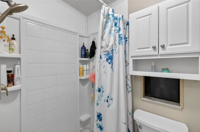 a bathroom with a toilet and a shower curtain