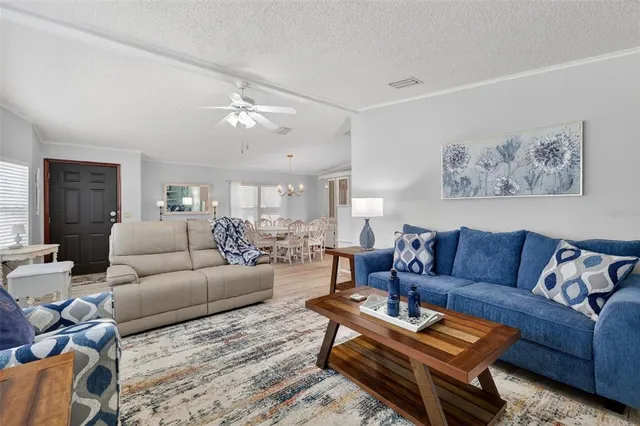 a living room with furniture ceiling fan and a rug