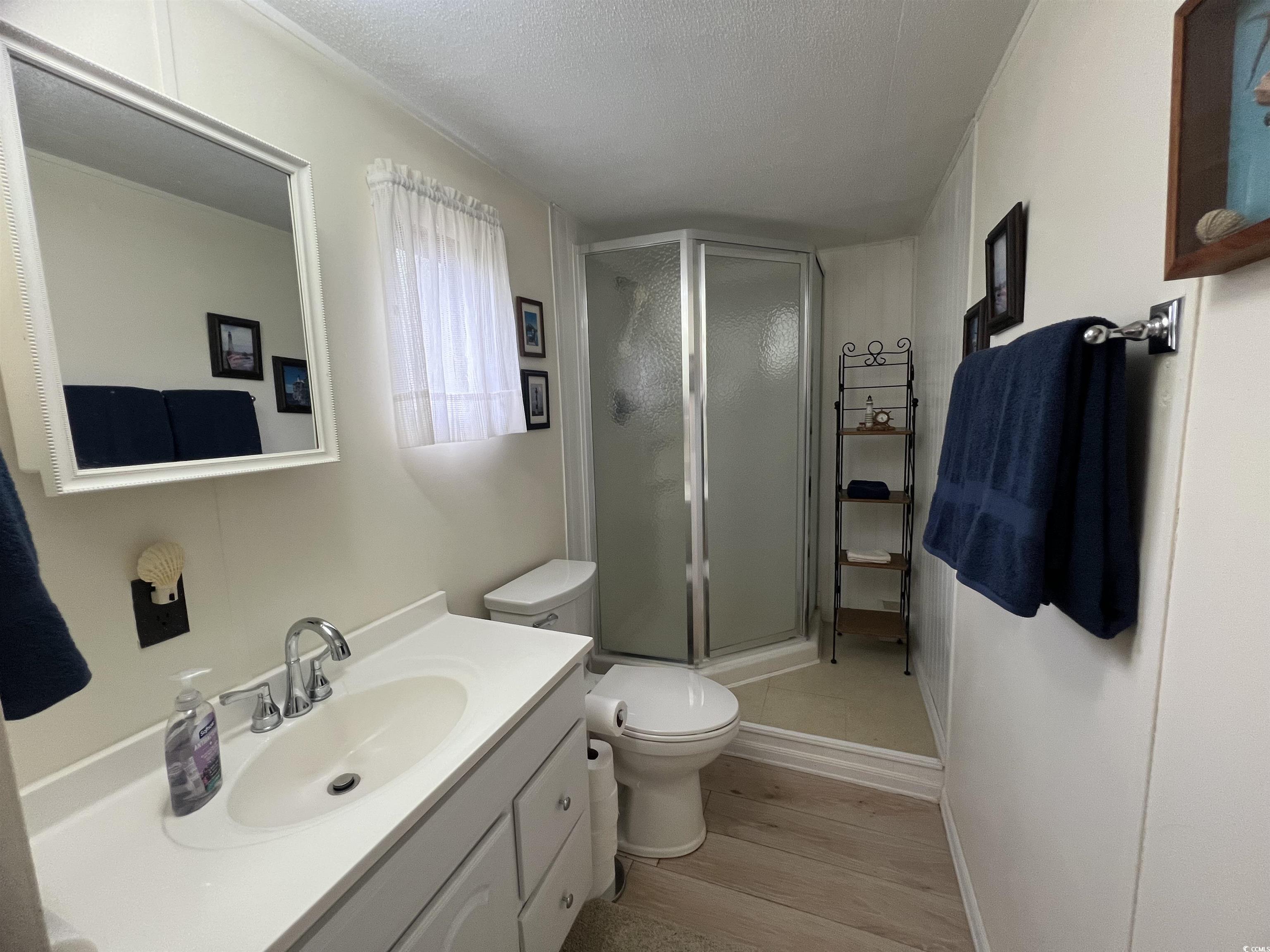 54 Crooked Island Circle Murrells Inlet, SC 29576 - Photo 9 of 37 Bathroom featuring light wood finished floors, vanity, a textured ceiling, and a stall shower