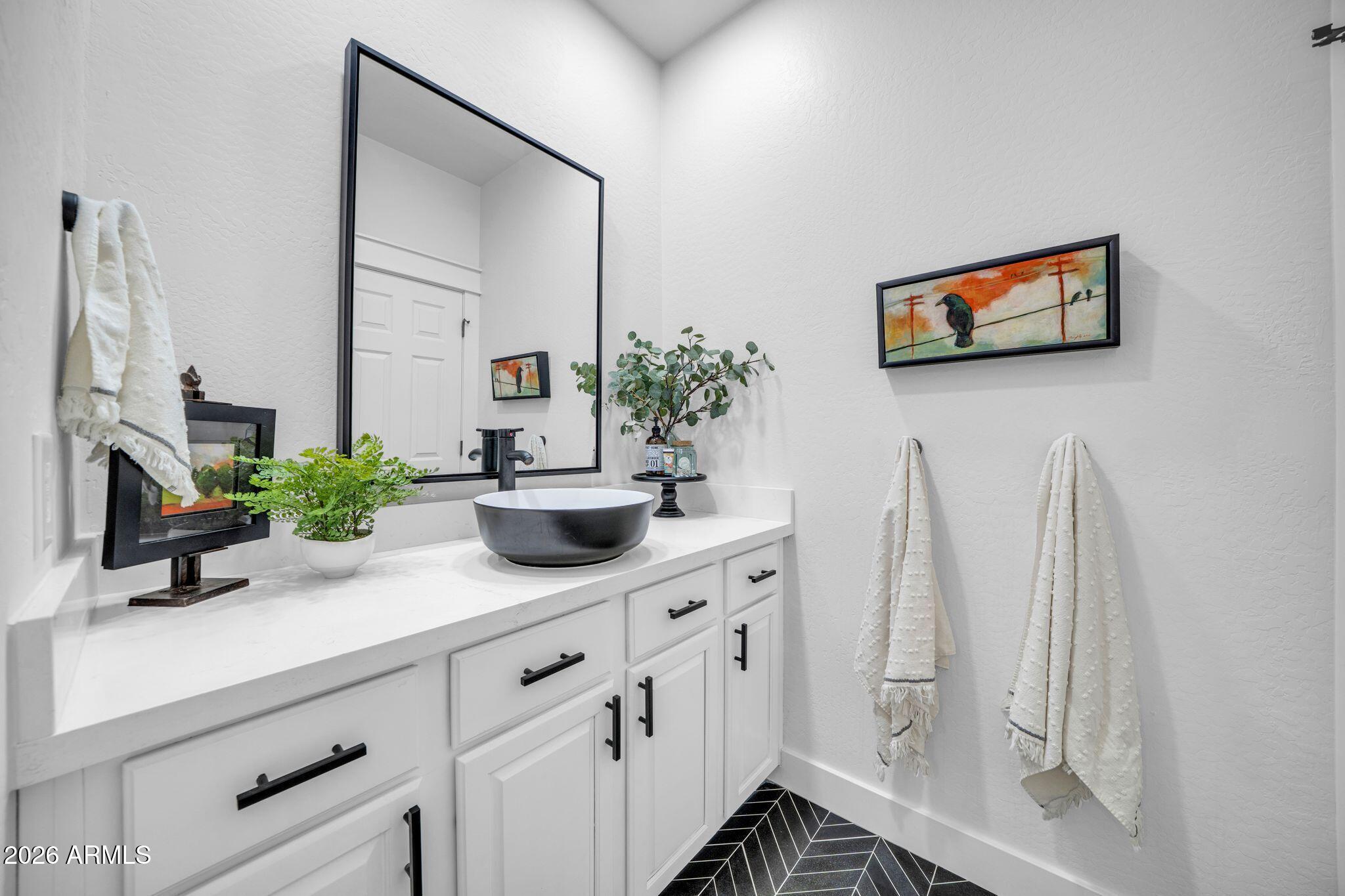 2985 North Point Ridge Road Buckeye, AZ 85396 - Photo 63 of 107 a bathroom with a sink a potted plant and a mirror