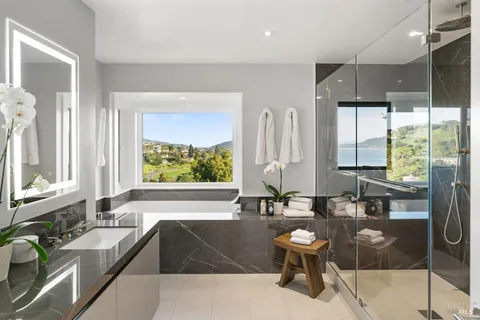 a bathroom with a double vanity sink toilet mirror and shower